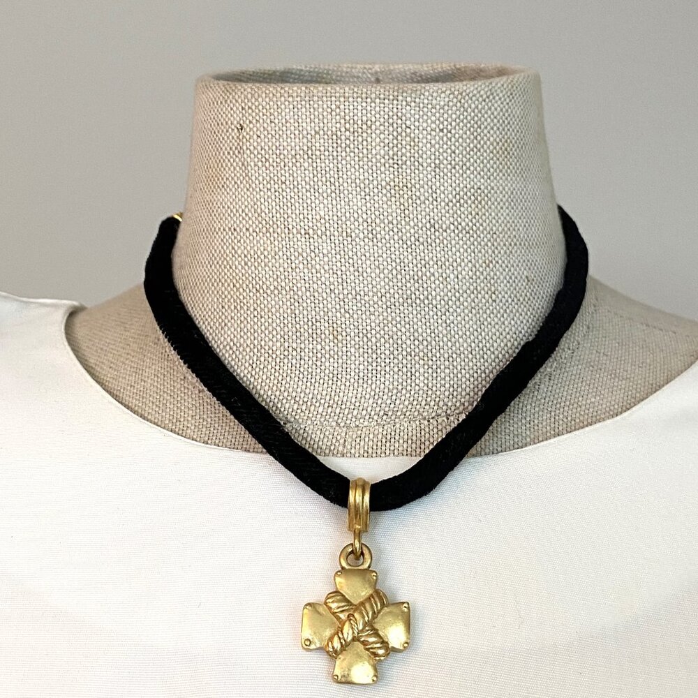 Gold-colored Pendant and Black Velour Strand Necklace with Gold Colored Clasp